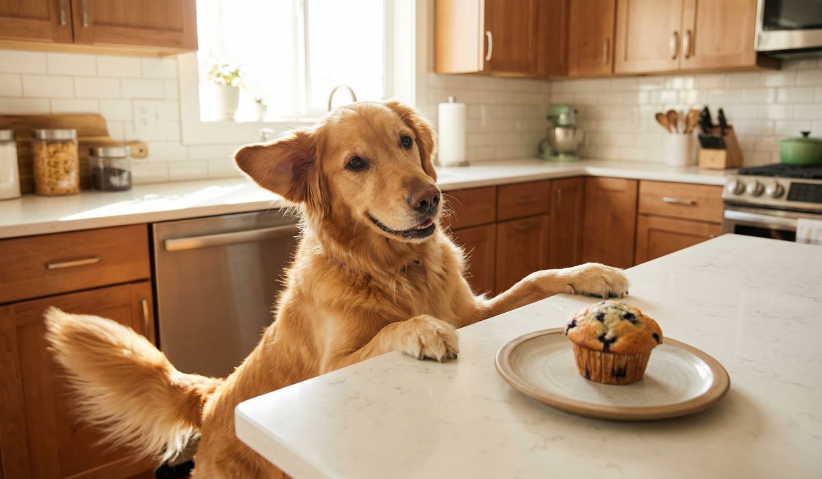 Dog looking at blueberry muffin - can dogs eat blueberry muffins safely