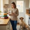 Pet owner checking dog food ingredients for Red 40 artificial dye