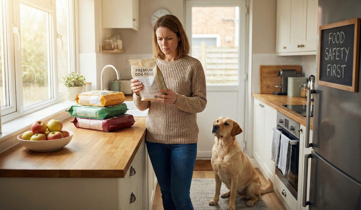 Pet owner checking dog food ingredients for Red 40 artificial dye